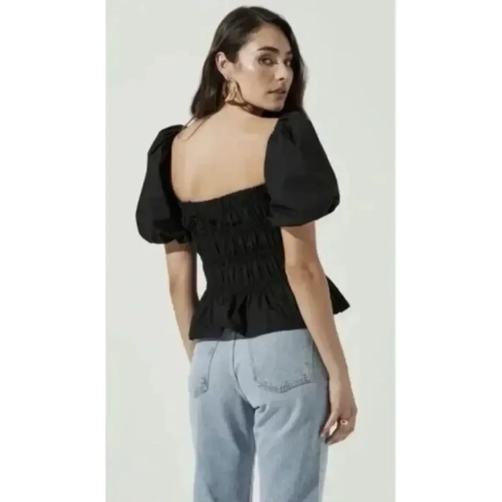 Astr The Label Savina Top Black Smocked Bubble Puff Sleeves Peplum Coquette Sz S